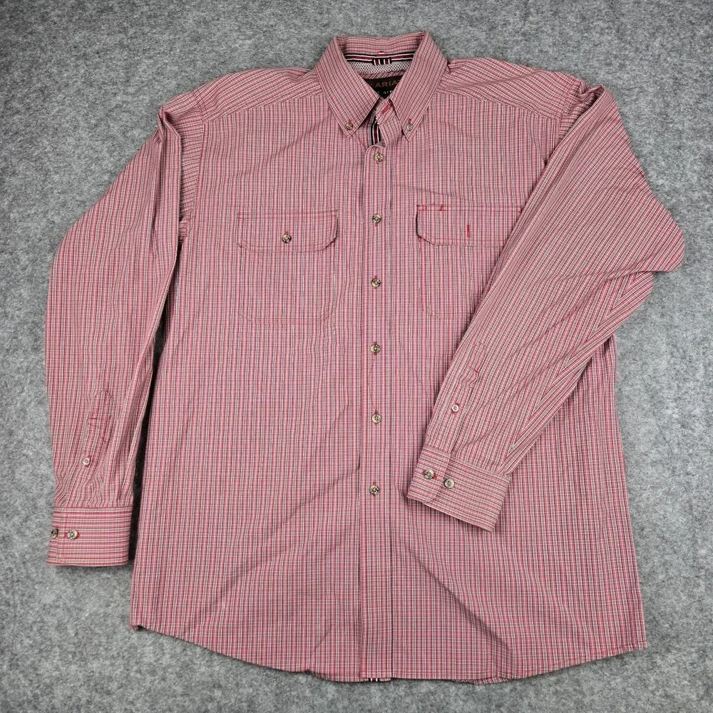 Ariat Pro Series Mens Large Red White Micro Check Long Sleeve Button Down Shirt